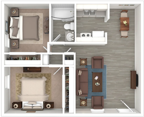 Floor plan for 2 beds, 1 bath, 785 sqft